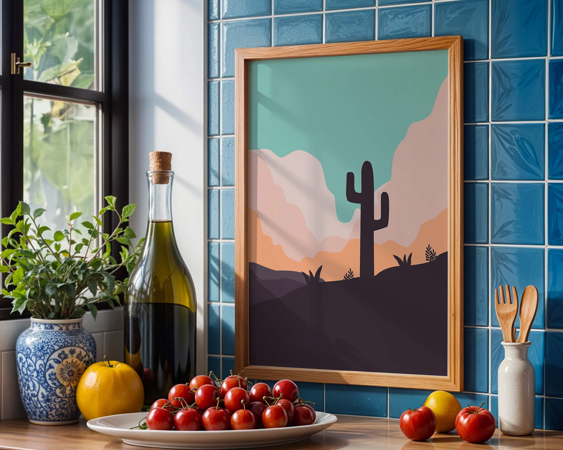 Abstract desert landscape with cactus silhouette at sunset