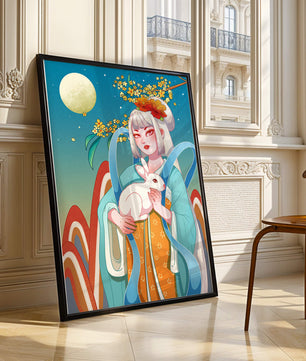 Femme élégante en tenue traditionnelle tenant un lapin blanc sous une pleine lune