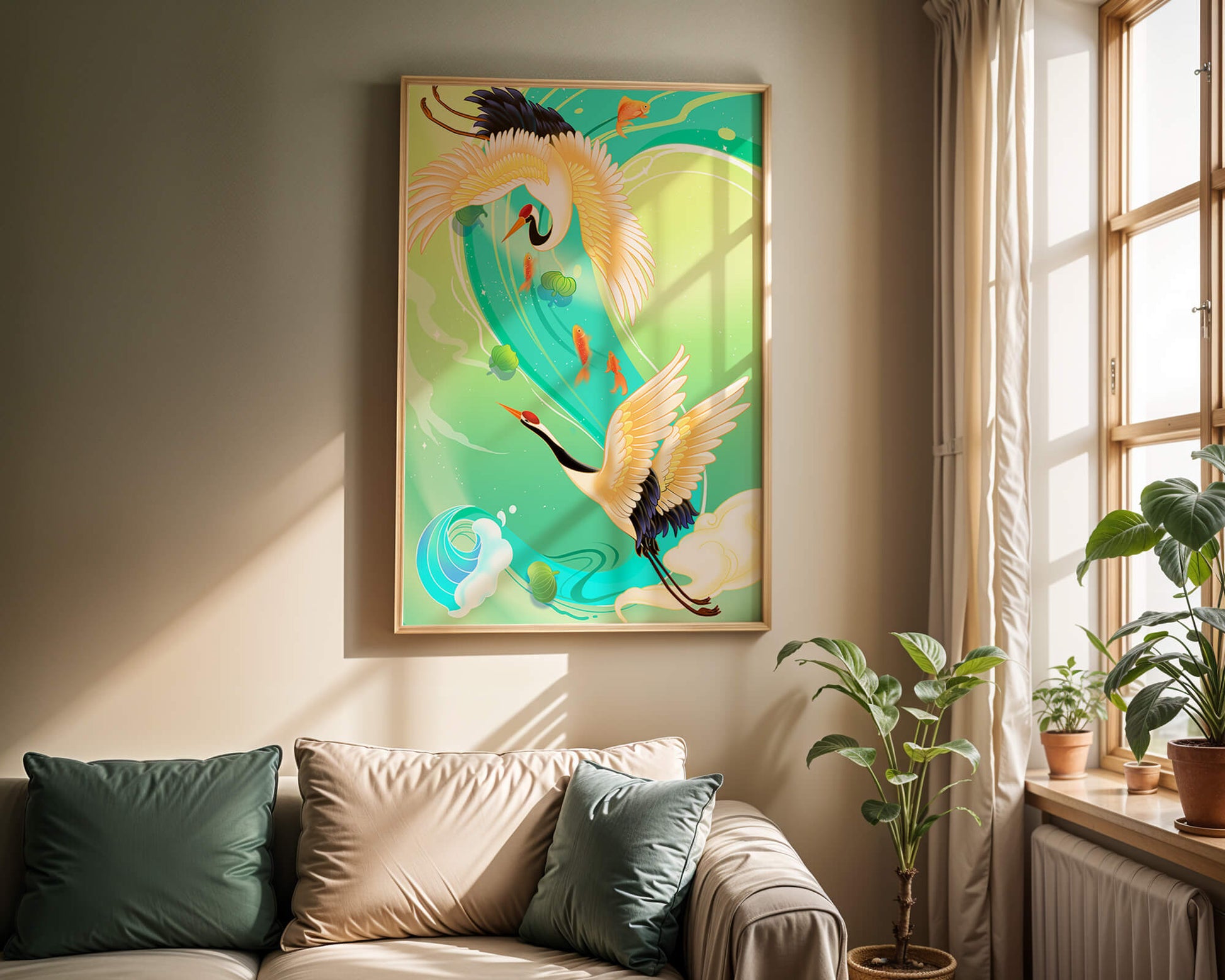 Elegante Kraniche und Fische in einer lebendigen Wasserszene