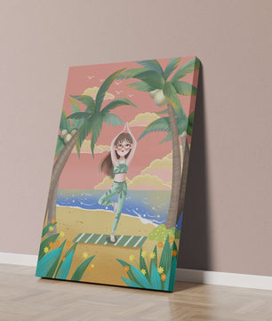 Escena de yoga tranquila en una playa tropical al atardecer