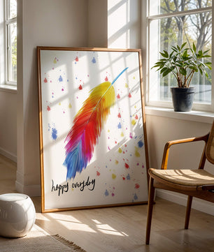 Colorful feather with inspirational message on abstract paint splatter background