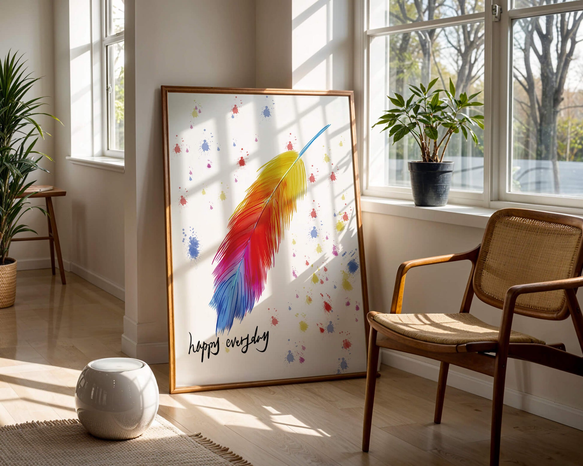 Colorful feather with inspirational message on abstract paint splatter background