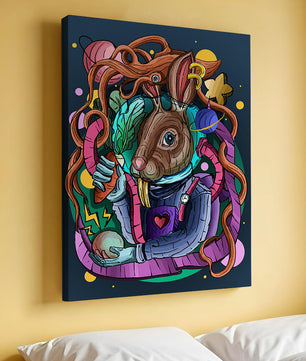 Ilustración abstracta colorida de un conejo en el espacio con pulpo, planetas y zanahoria