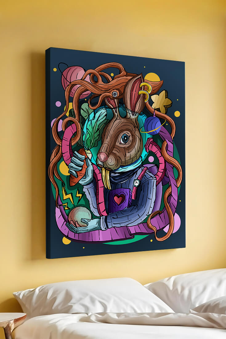 Ilustración abstracta colorida de un conejo en el espacio con pulpo, planetas y zanahoria.