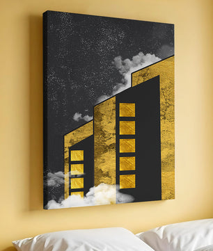 Ilustración arquitectónica artística con elementos dorados y cielo nocturno