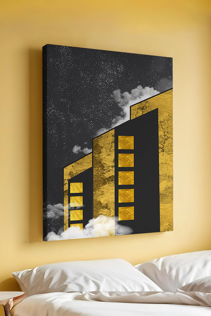 Artistic architectural illustration with golden elements and night sky