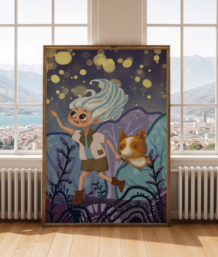 Whimsical Adventure in a Magical Night Sky Landscape