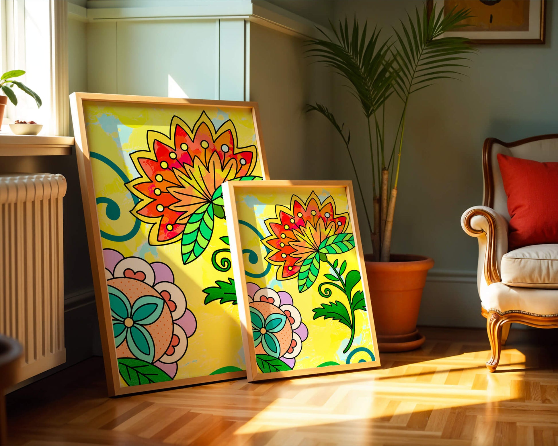 Colorful abstract floral illustration with bright yellow background