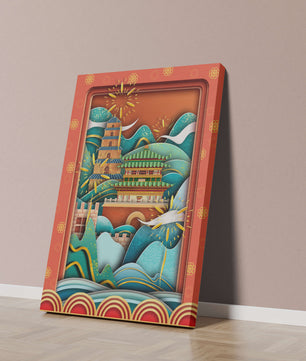 Paysage asiatique illustré avec des feux d'artifice et une architecture traditionnelle