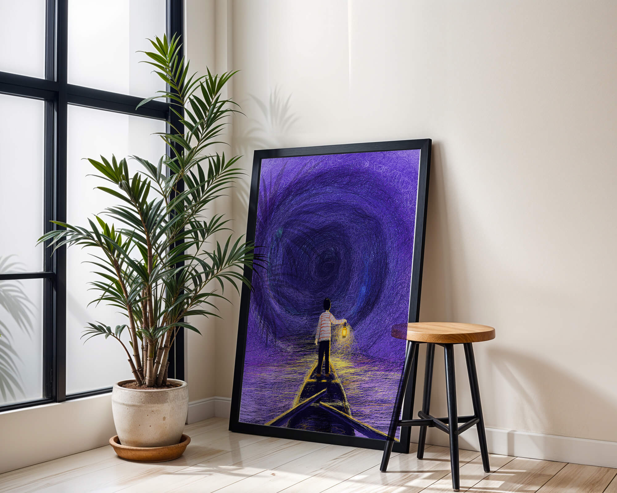 A boy holding a lantern on a boat in a swirling purple vortex