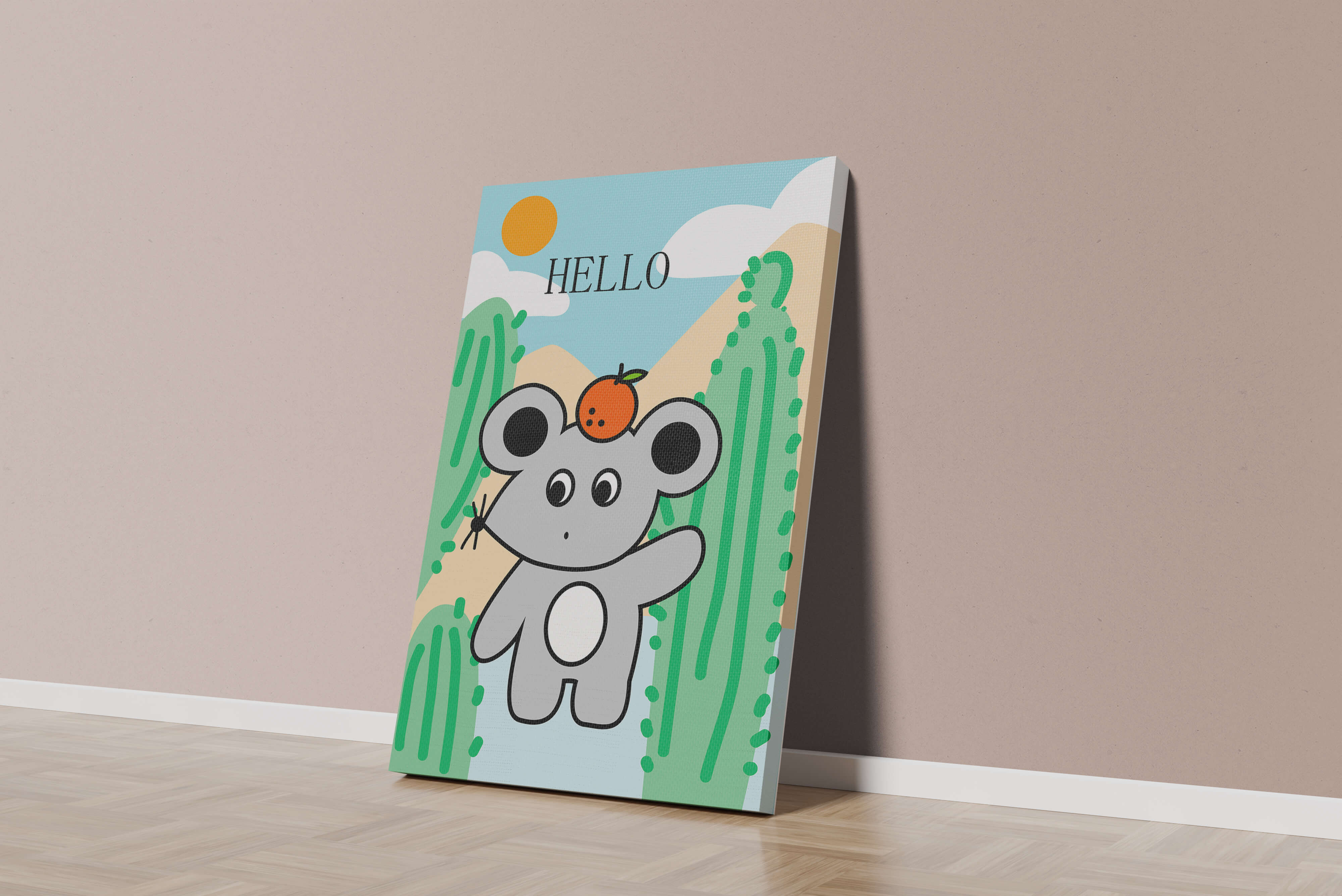 Cute illustration of a mouse with an orange on a sunny background
