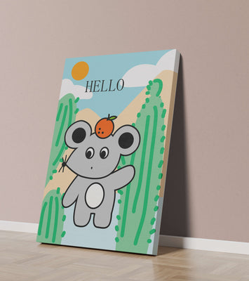 Cute illustration of a mouse with an orange on a sunny background