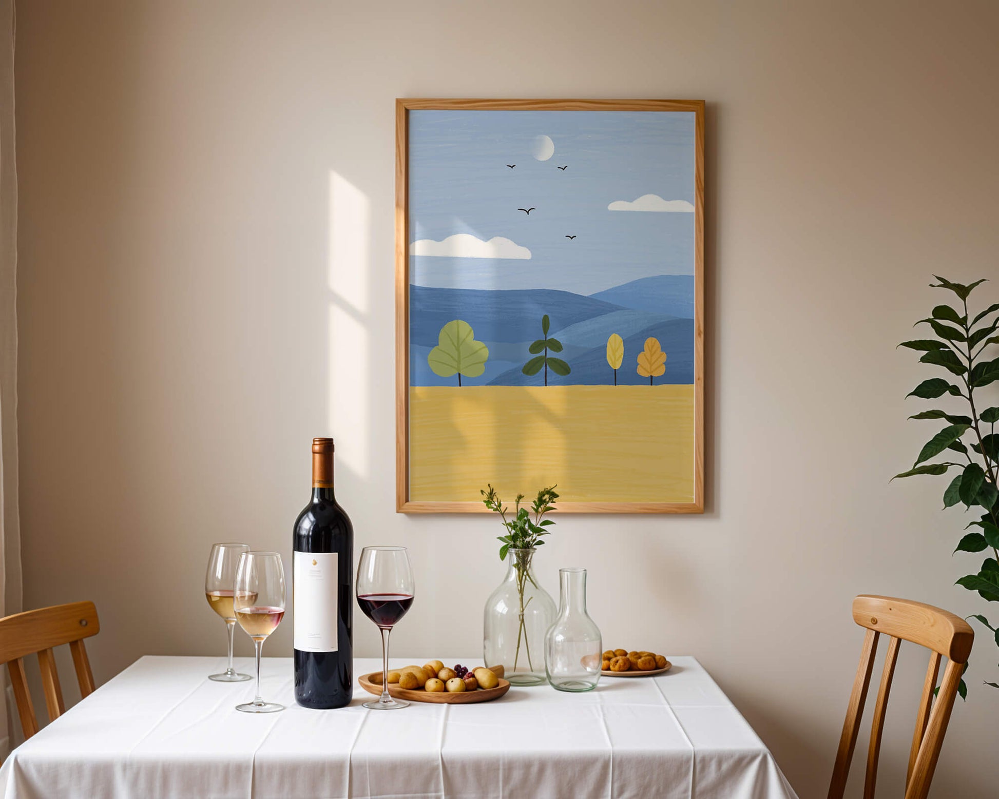 Paisaje colorido con árboles y aves en un campo sereno