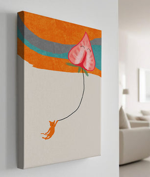 Gato naranja colgando de un globo en forma de corazón sobre fondo abstracto
