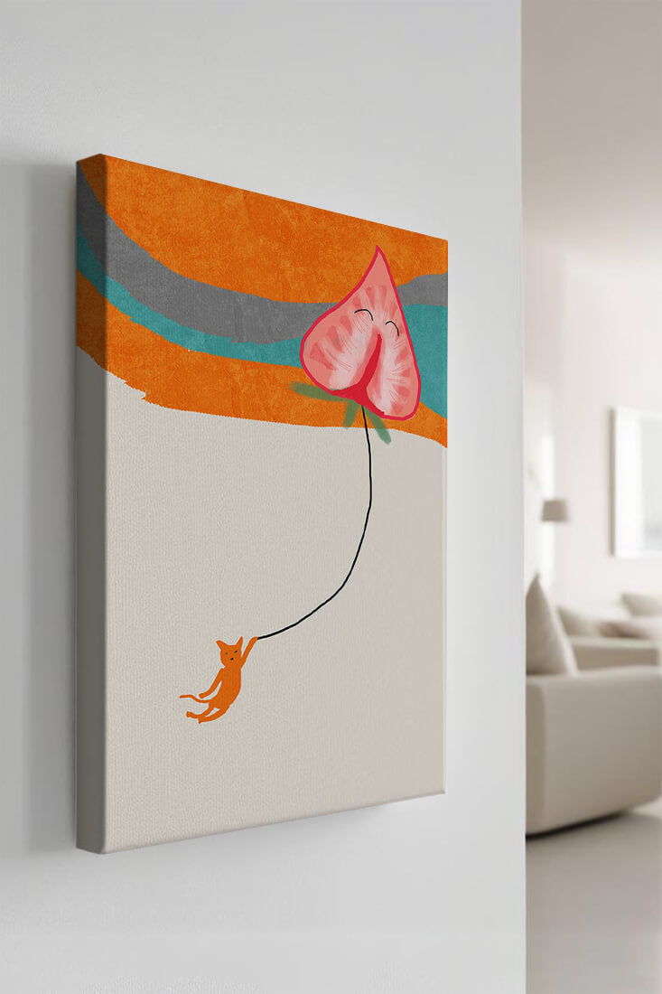 Gato naranja colgando de un globo en forma de corazón sobre un fondo abstracto