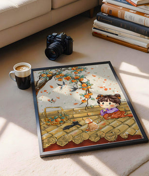 Charming illustration of a child with cats on a rooftop beneath a fruit tree