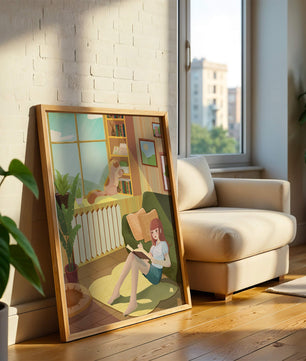 Cozy Living Room with a Reading Girl and Cat by the Window