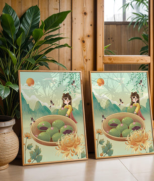 Charming Scene with Traditional Dress and Scenic Landscape Featuring Floral Elements and Birds
