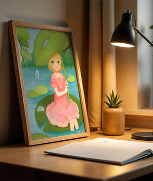 Whimsical Illustration of a Young Girl in a Pink Dress Sitting on a Lily Pad
