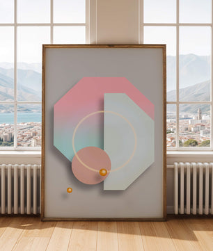 An abstract geometric art piece with pastel tones and golden accents