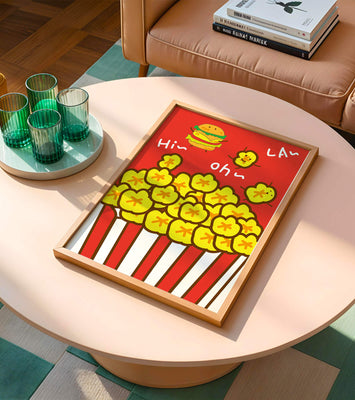 Playful illustration of popcorn and burger characters on a red background