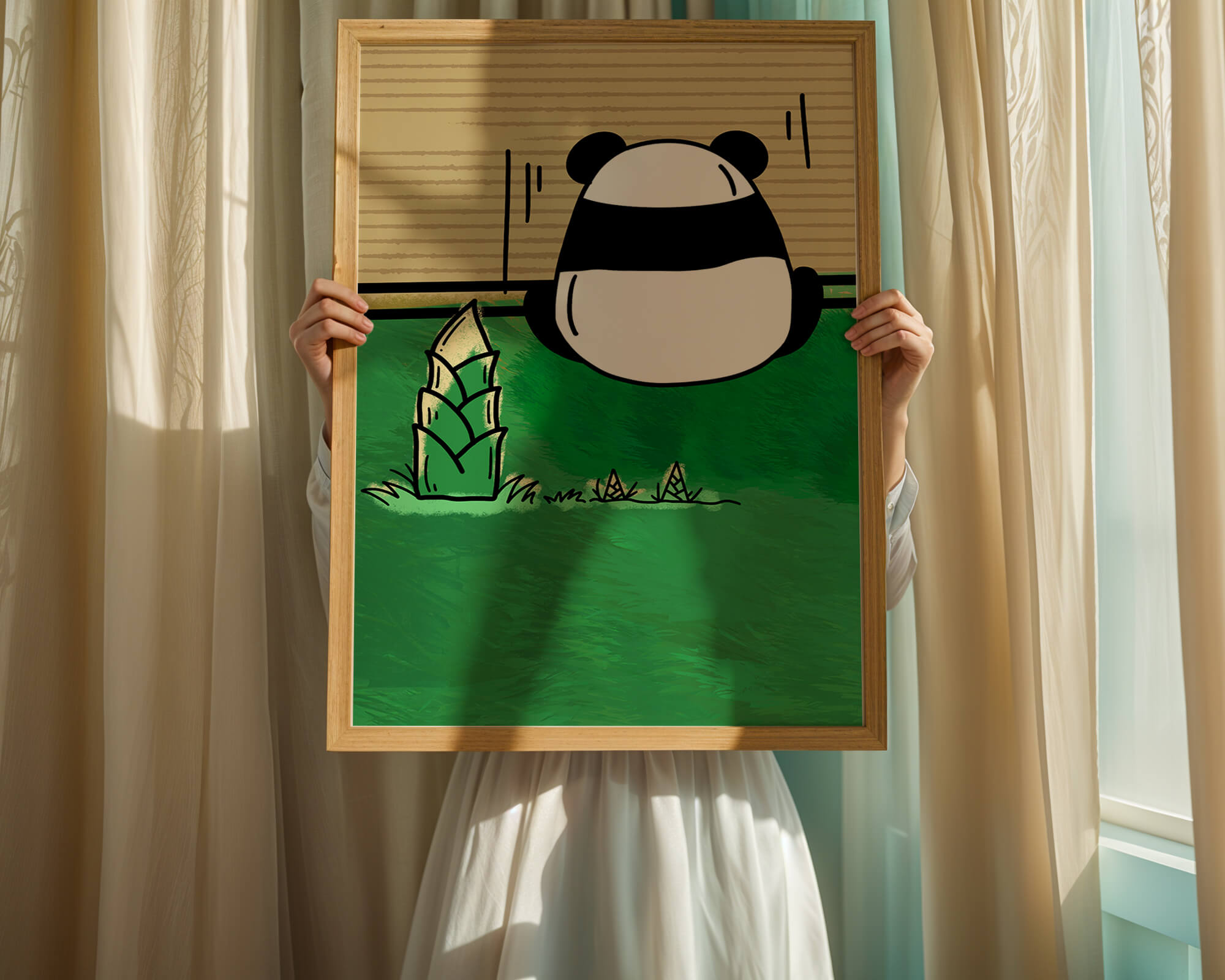 Whimsical panda in a green bamboo forest background