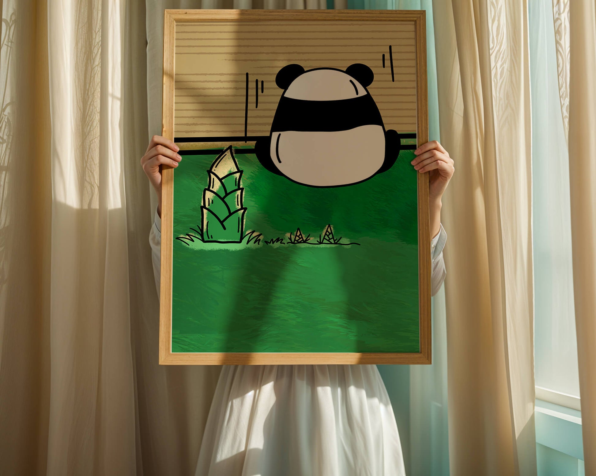 Whimsical panda in a green bamboo forest background