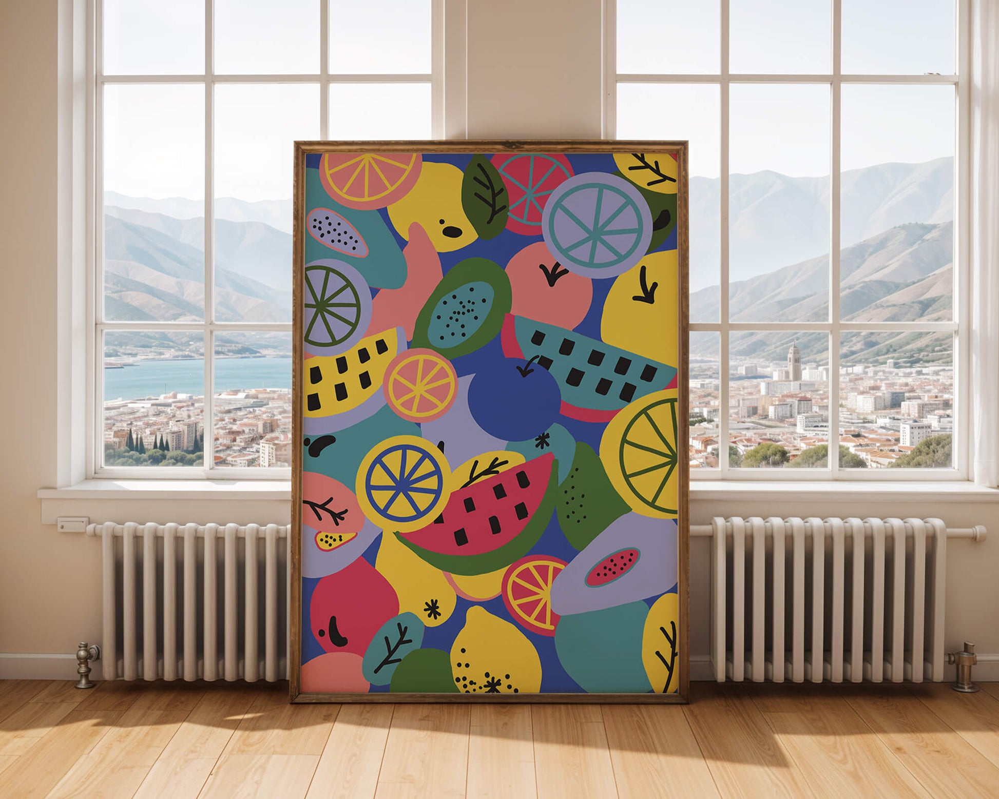 Patrón abstracto de frutas vibrantes con cítricos y melones sobre fondo azul