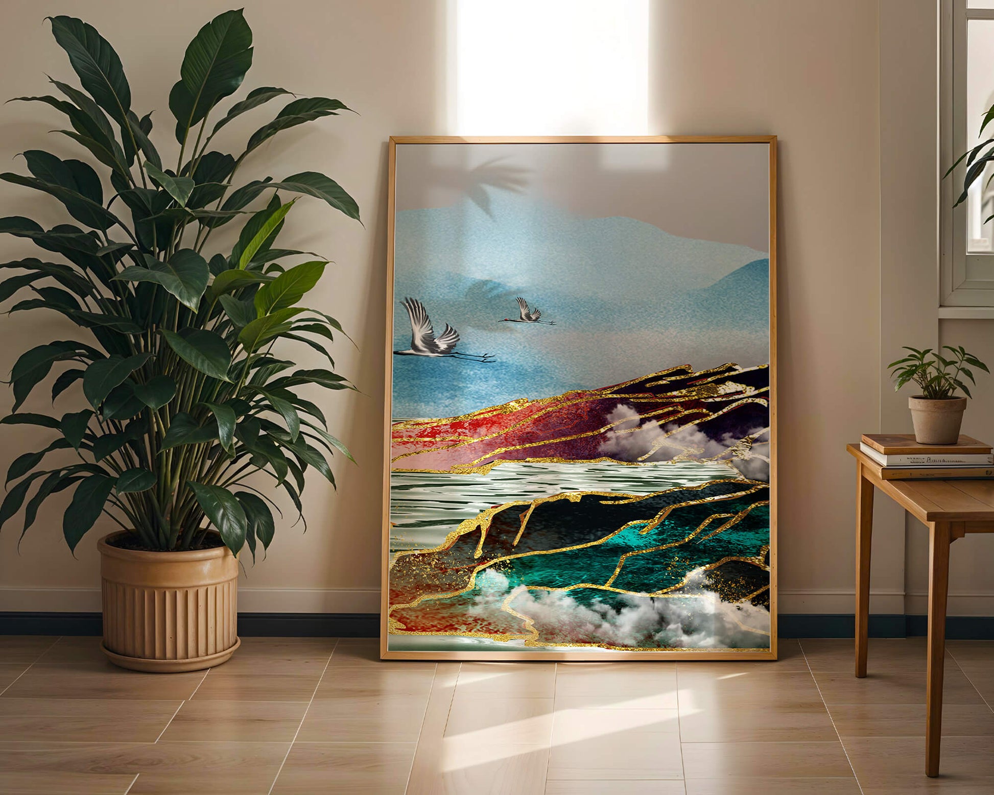 Majestic Landscape With Flying Cranes And Golden Accents