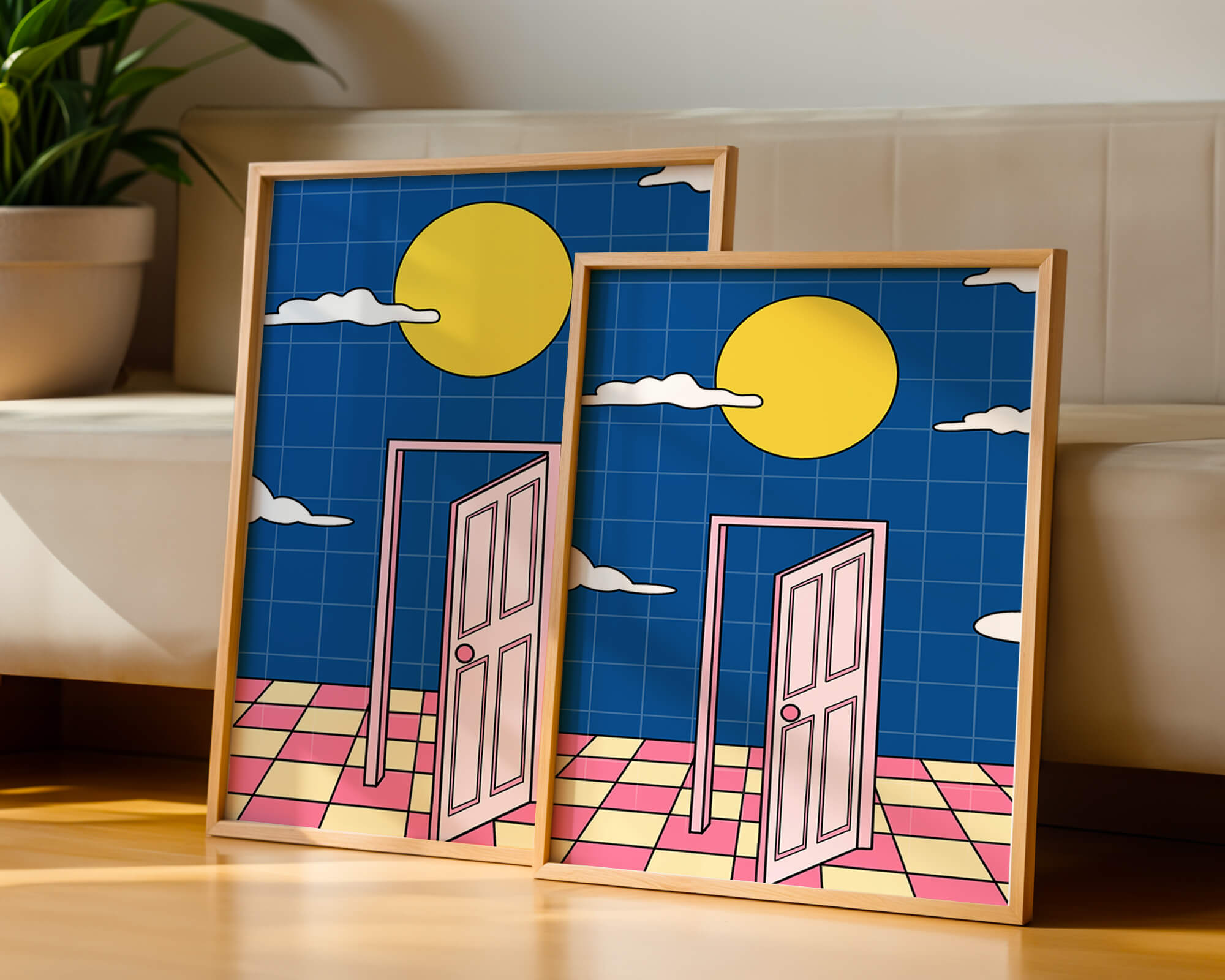 Surreal doorway with pink door under yellow sun and blue sky