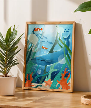 Underwater scene with whale, fish, and sea plants illustration