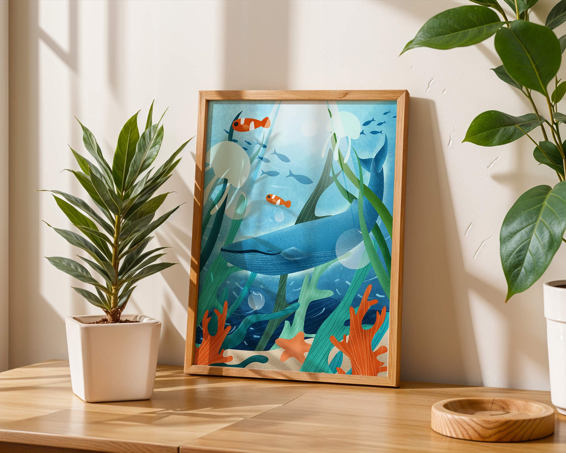 Underwater scene with whale, fish, and sea plants illustration