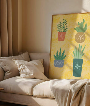 Illustrated potted plants on textured yellow background