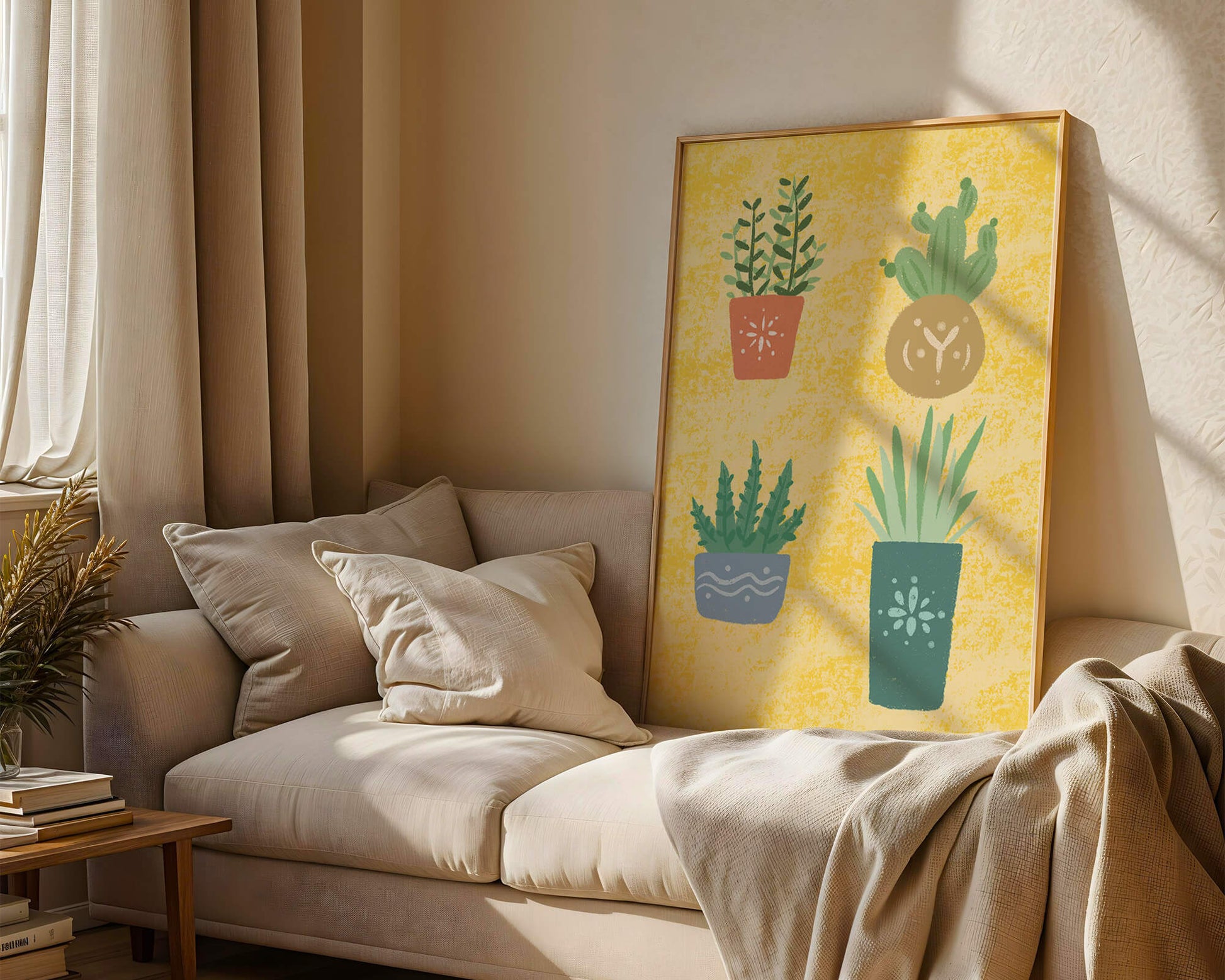 Illustrated potted plants on textured yellow background