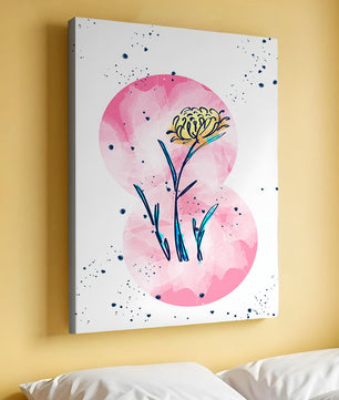 Abstract Floral Design with Pink Circles and Yellow Flower on White Background
