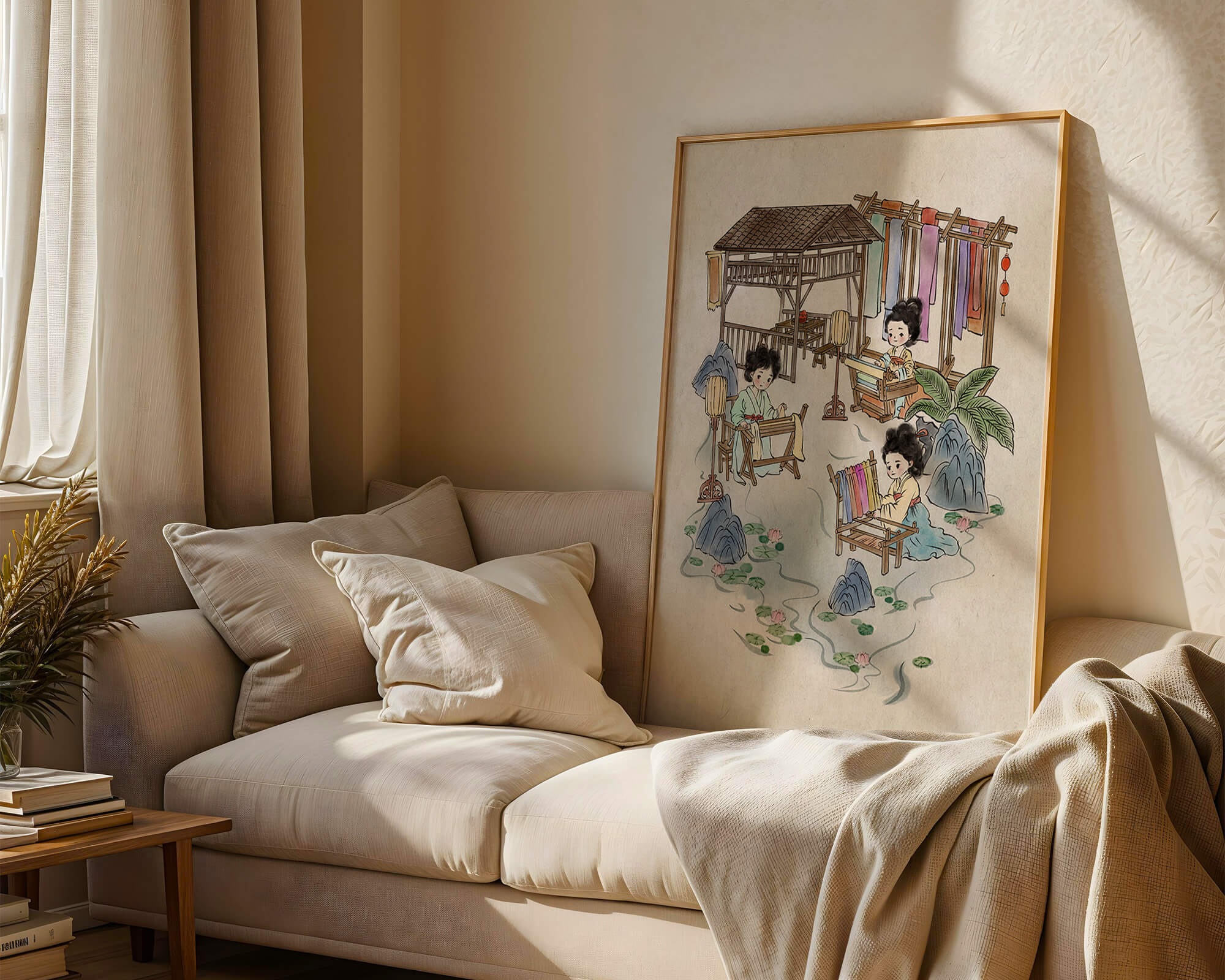 Charming illustration of traditional textile crafts in a serene setting
