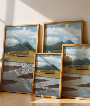 Paisaje sereno con montañas, árboles y río