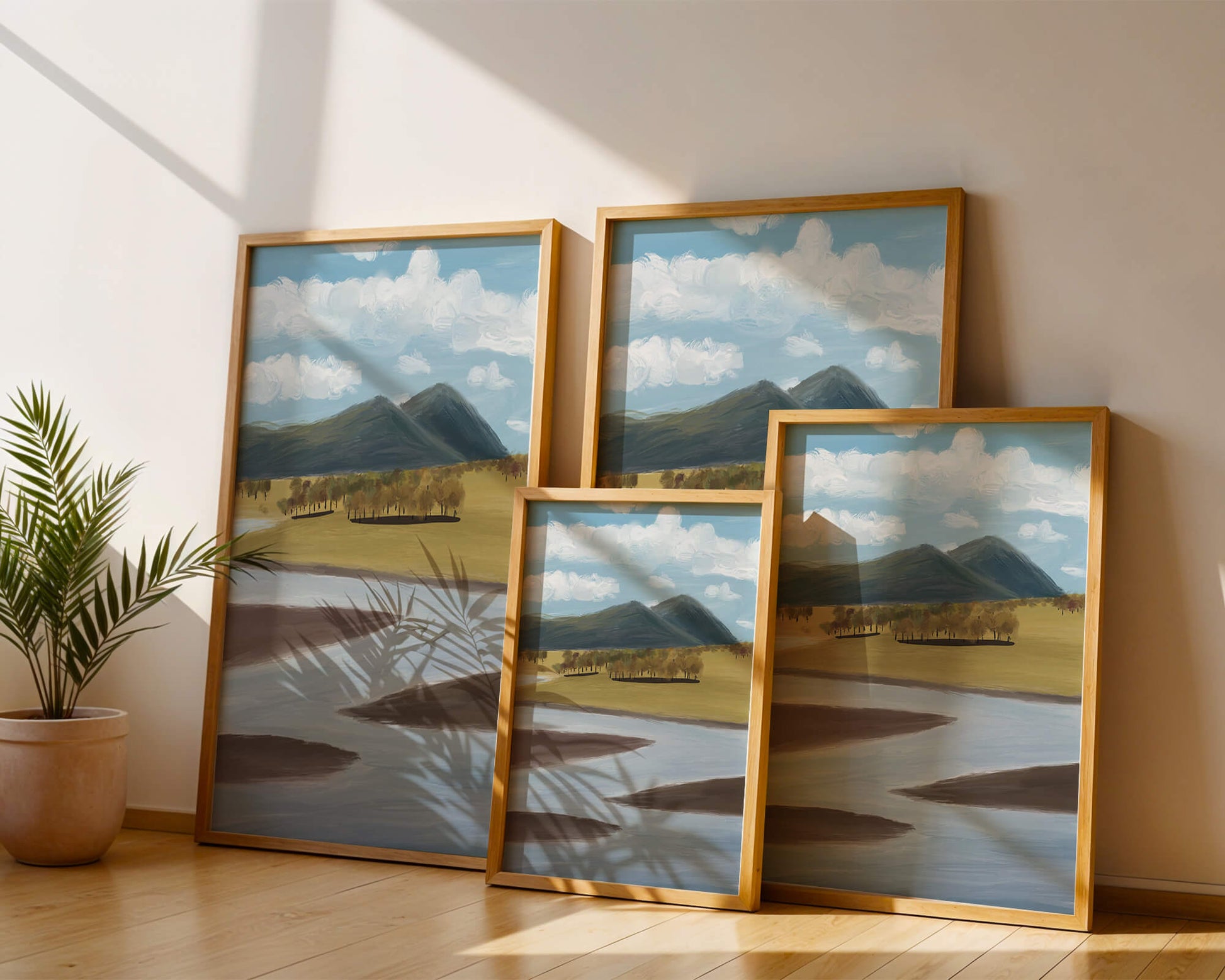 Serene Landscape with Mountains, Trees, and River