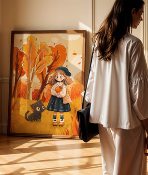 Girl with Cute Cat in Autumn Forest with Colorful Leaves