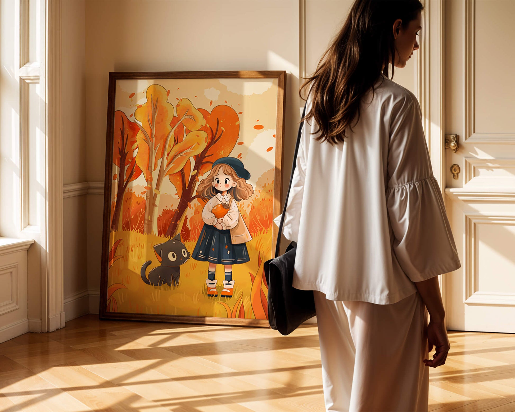 Girl with Cute Cat in Autumn Forest with Colorful Leaves