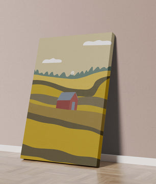 Landscape With Red Barn Amidst Rolling Hills Under Blue Sky
