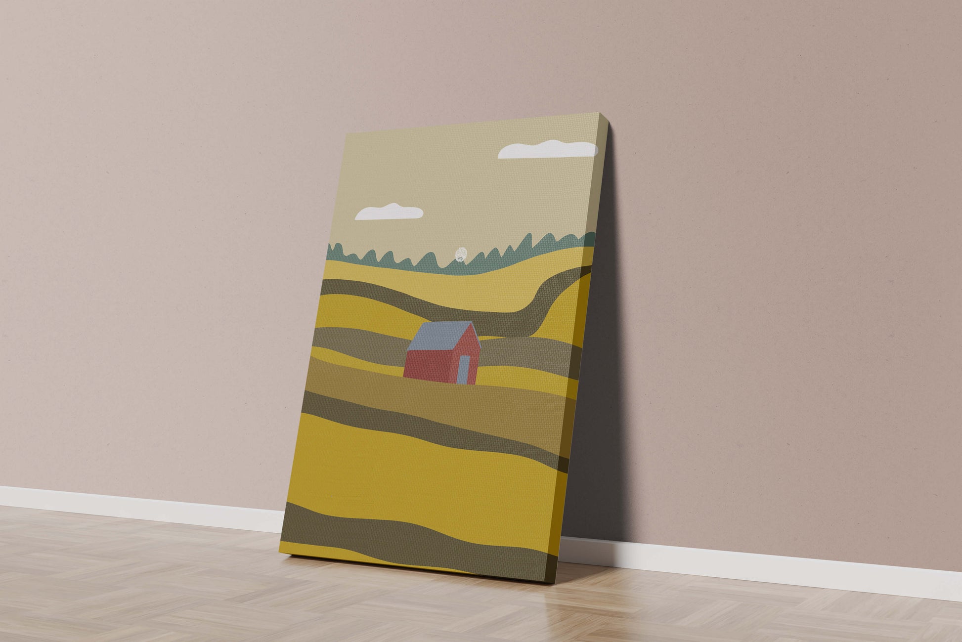 Paisaje con granero rojo entre colinas onduladas bajo un cielo azul