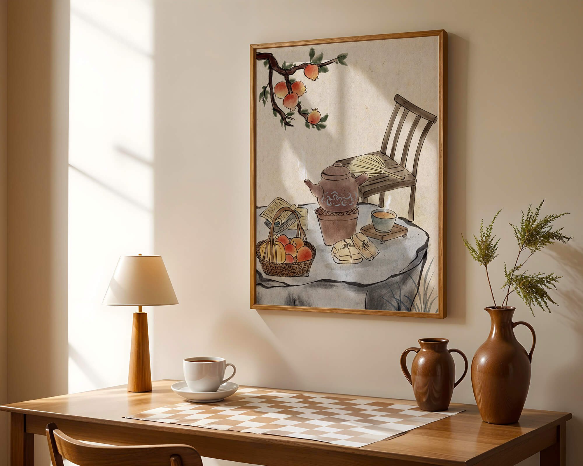 Watercolor painting of tea time setting with fruits and wooden chair
