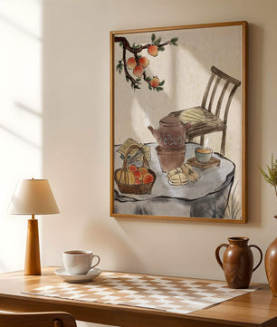 Peinture à l’aquarelle d’un moment de dégustation de thé avec des fruits et une chaise en bois