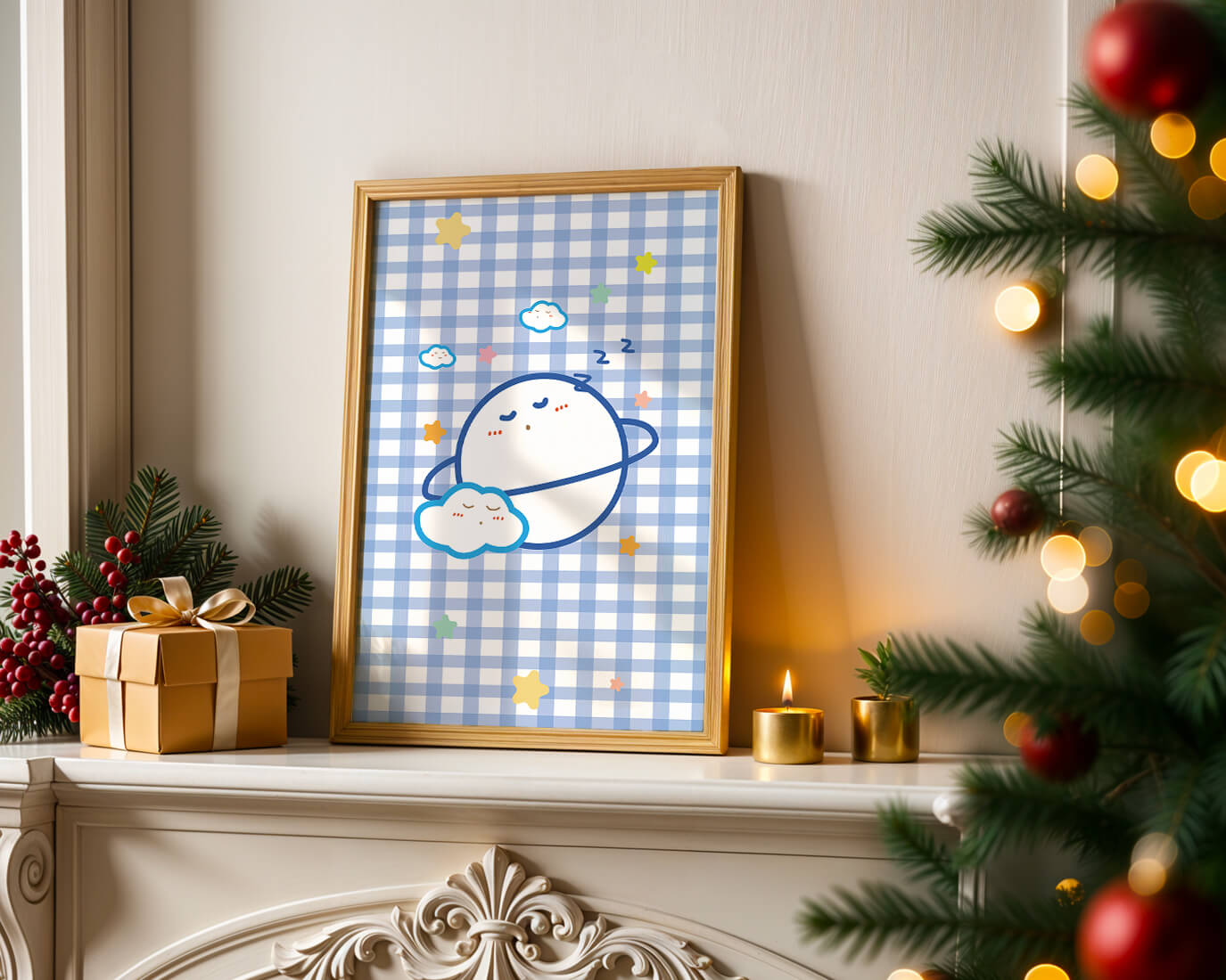 Whimsical sleep theme with planets and clouds on a checkered background