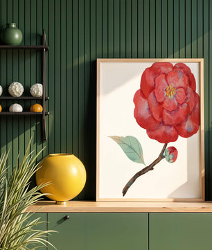 Watercolor illustration of a red camellia flower with green leaves