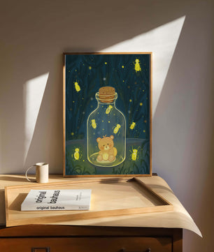 Charming teddy bear in a jar with glowing fireflies