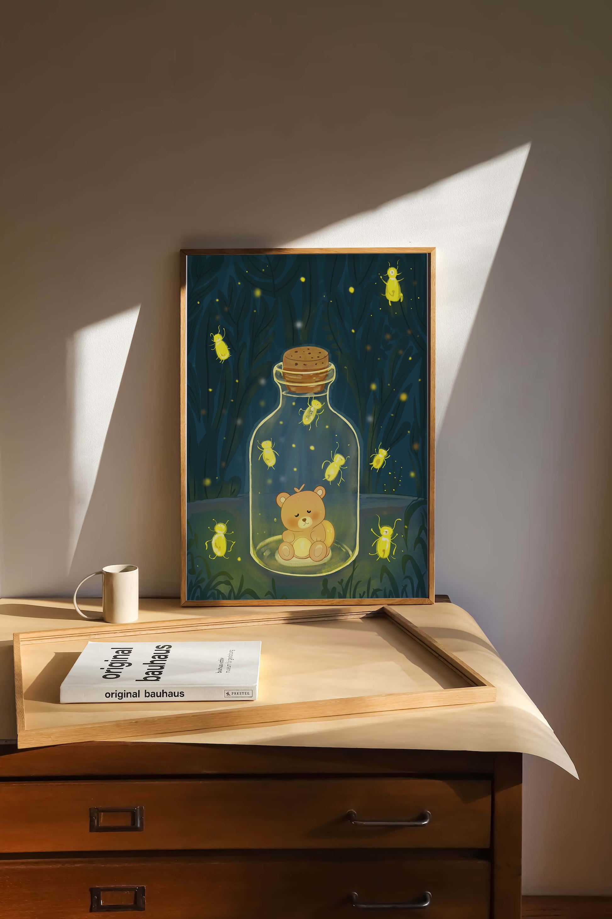 Charming teddy bear in a jar with glowing fireflies