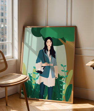 Illustrative portrait of a woman in a stylish outfit with nature backdrop