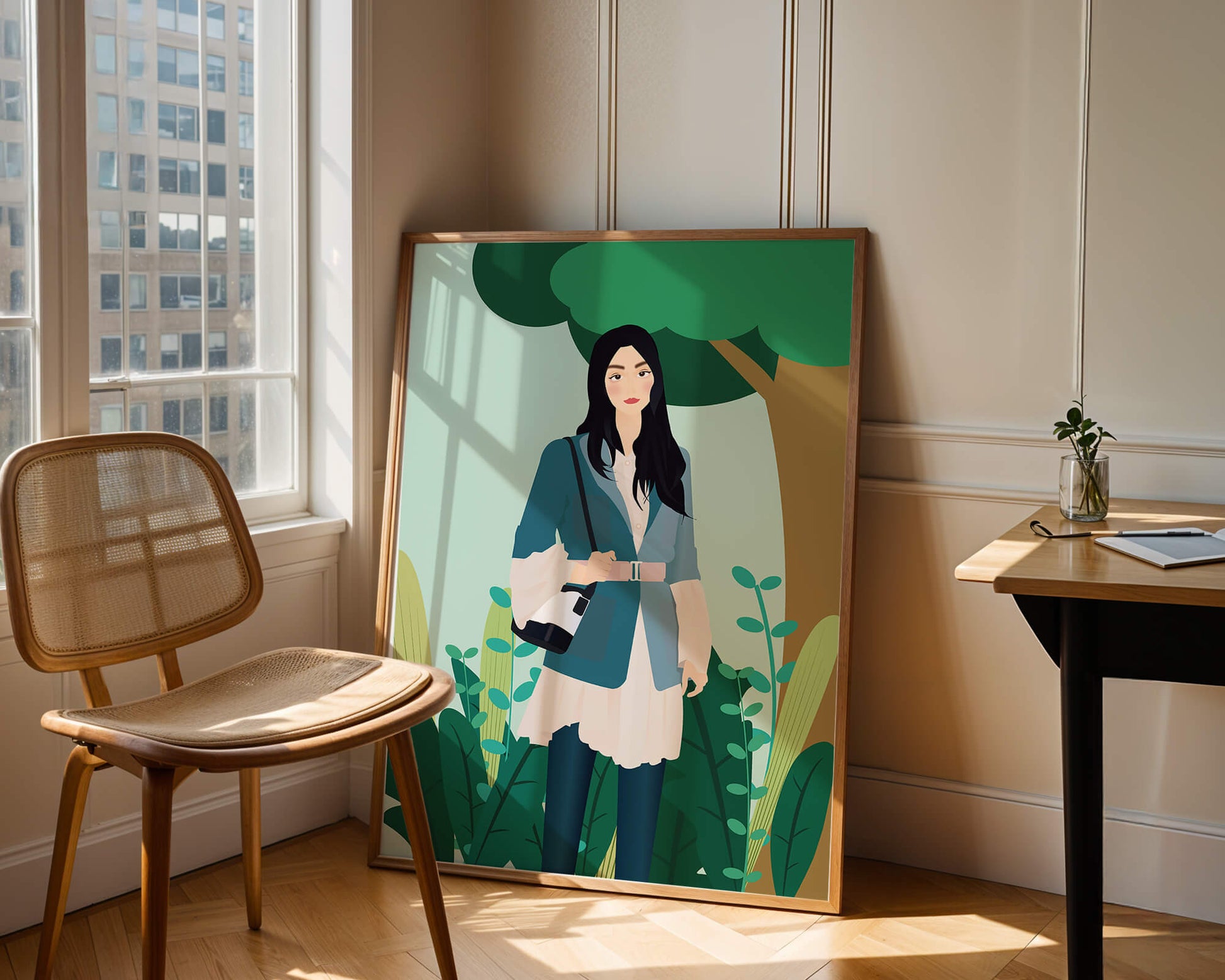 Illustrative portrait of a woman in a stylish outfit with nature backdrop